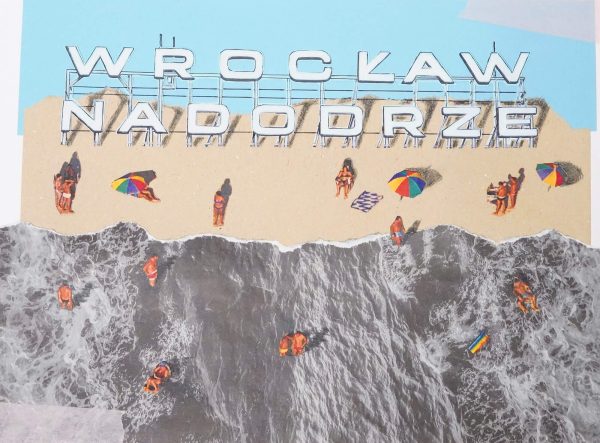 Kompozycja z plażą i napisem "Wrocław Nadodrze".